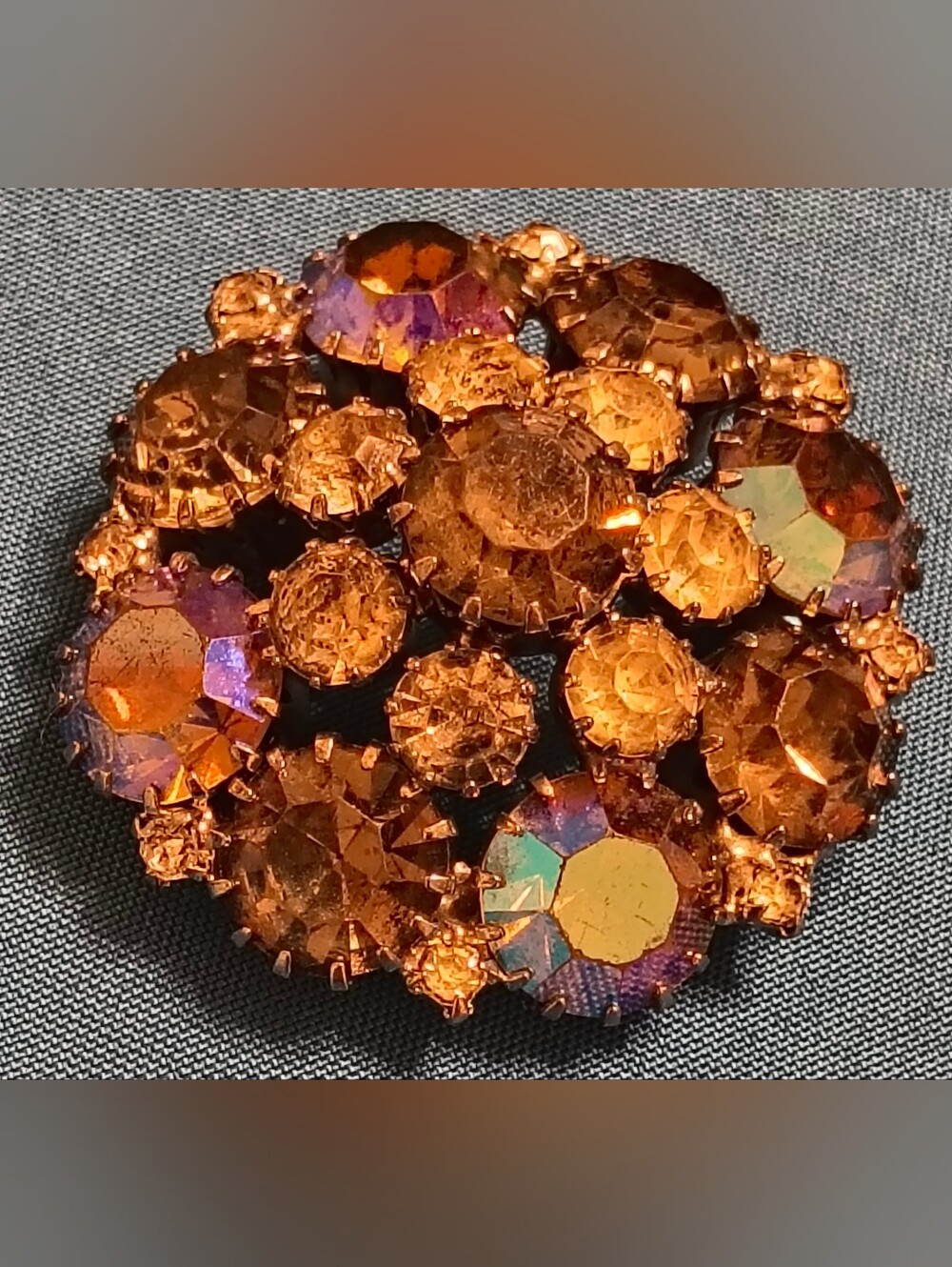 ​Vintage Signed WEISS Amber & AB Rhinestone Cluster Brooch